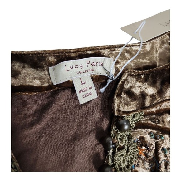 NEW Lucy Paris Brown Velvet Embroidered Sequin Boho Ruched Long Sleeve Top Large - Picture 2 of 12